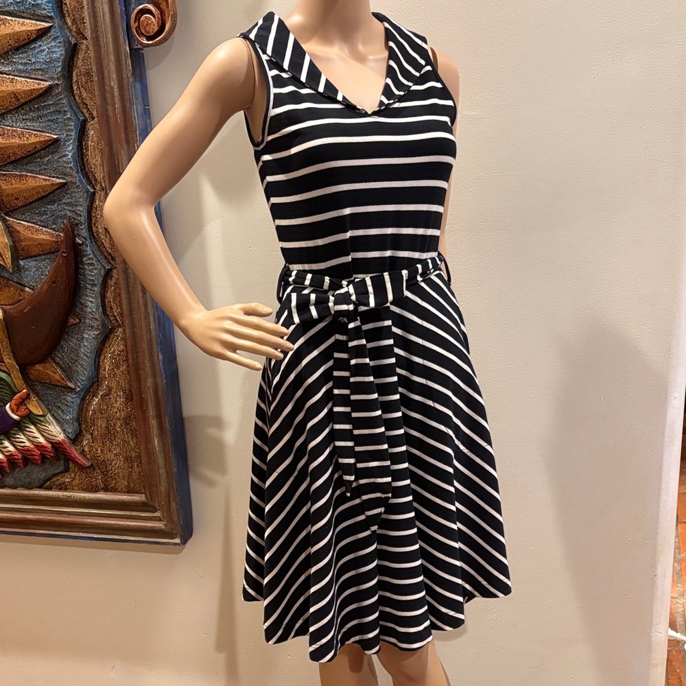Effie's Heart Black and White Striped Sleeveless Midi Dress with Tie Waist